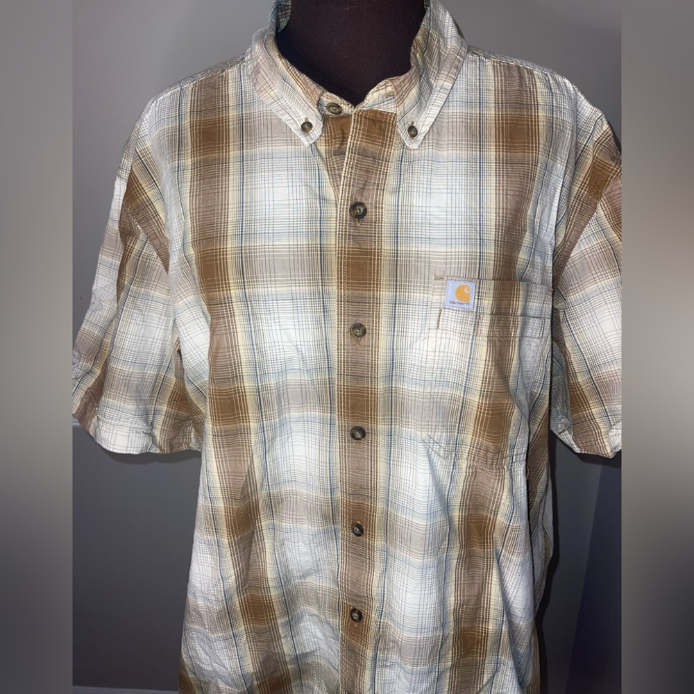 Carhartt Relaxed Fit Plaid Short Sleeve Button Down Shirt Tan Mens 2XL